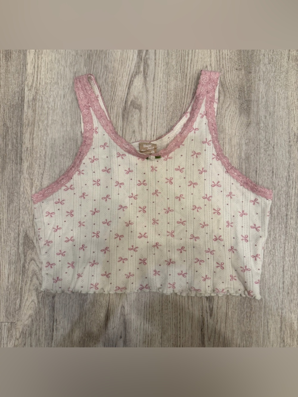 Messy Bun Just Chillin Bow Print Baby Tank Lace Trim Pink Coquette Top S